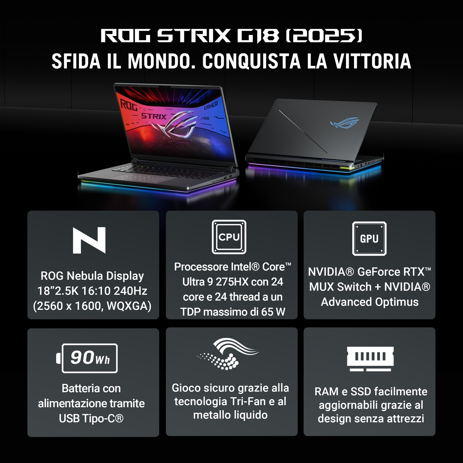 Laptop ROG Strix G18 con specifiche: display Nebula, Intel core, NVIDIA GeForce, batteria 90Wh, Tri-Fan e RAM/SSD.