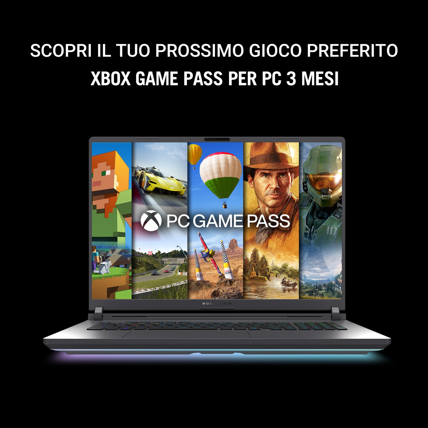 Lo schermo del laptop da gioco mostra i giochi PC Game Pass: Minecraft, auto da corsa, mongolfiera, Indiana Jones, Halo.