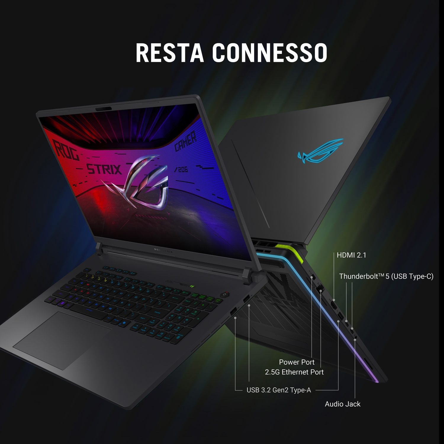 Laptop da gioco nero, aperto, con tastiera illuminata. La vista laterale mostra le porte: HDMI, Thunderbolt, alimentazione, Ethernet, USB e audio.