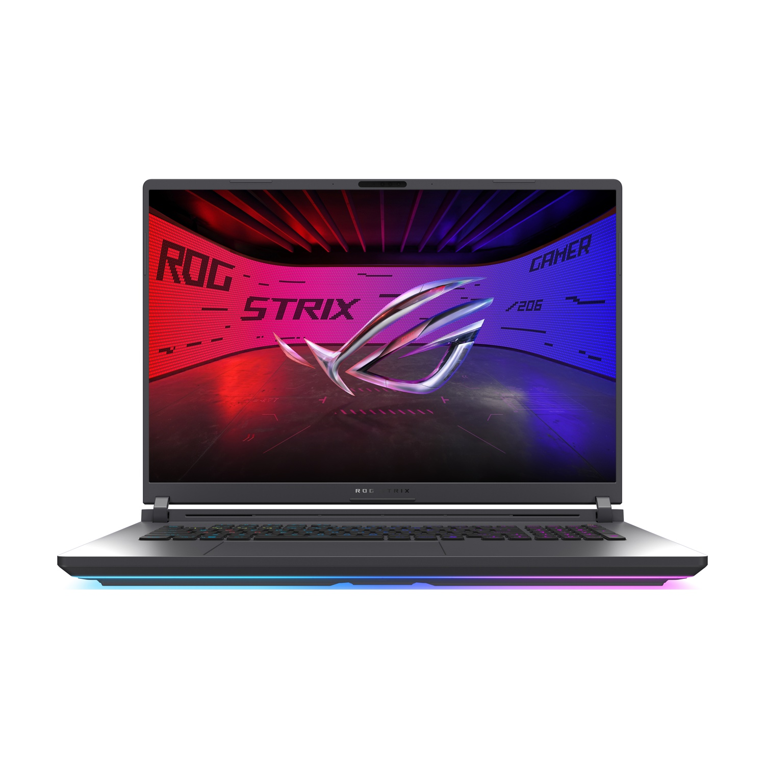 Laptop con logo ROG Strix sullo schermo. Tastiera illuminata con luci RGB. Sfondo bianco.