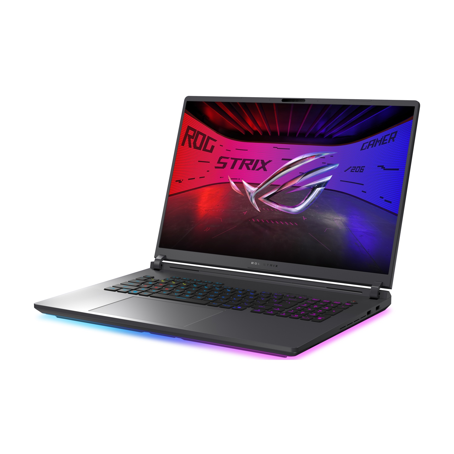 Laptop nero con schermo aperto, logo ROG Strix. Tastiera con luci RGB. Sfondo bianco.