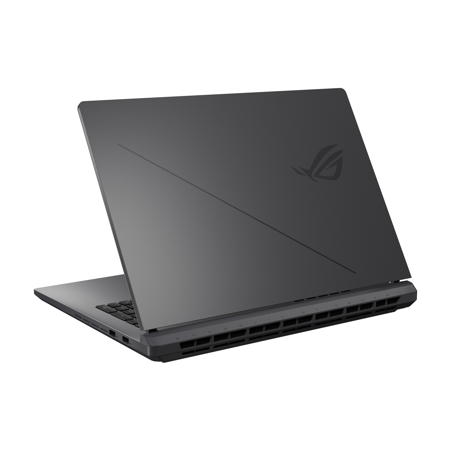 Vista posteriore di un laptop grigio, leggermente aperto, con logo ROG sul coperchio, su sfondo bianco.
