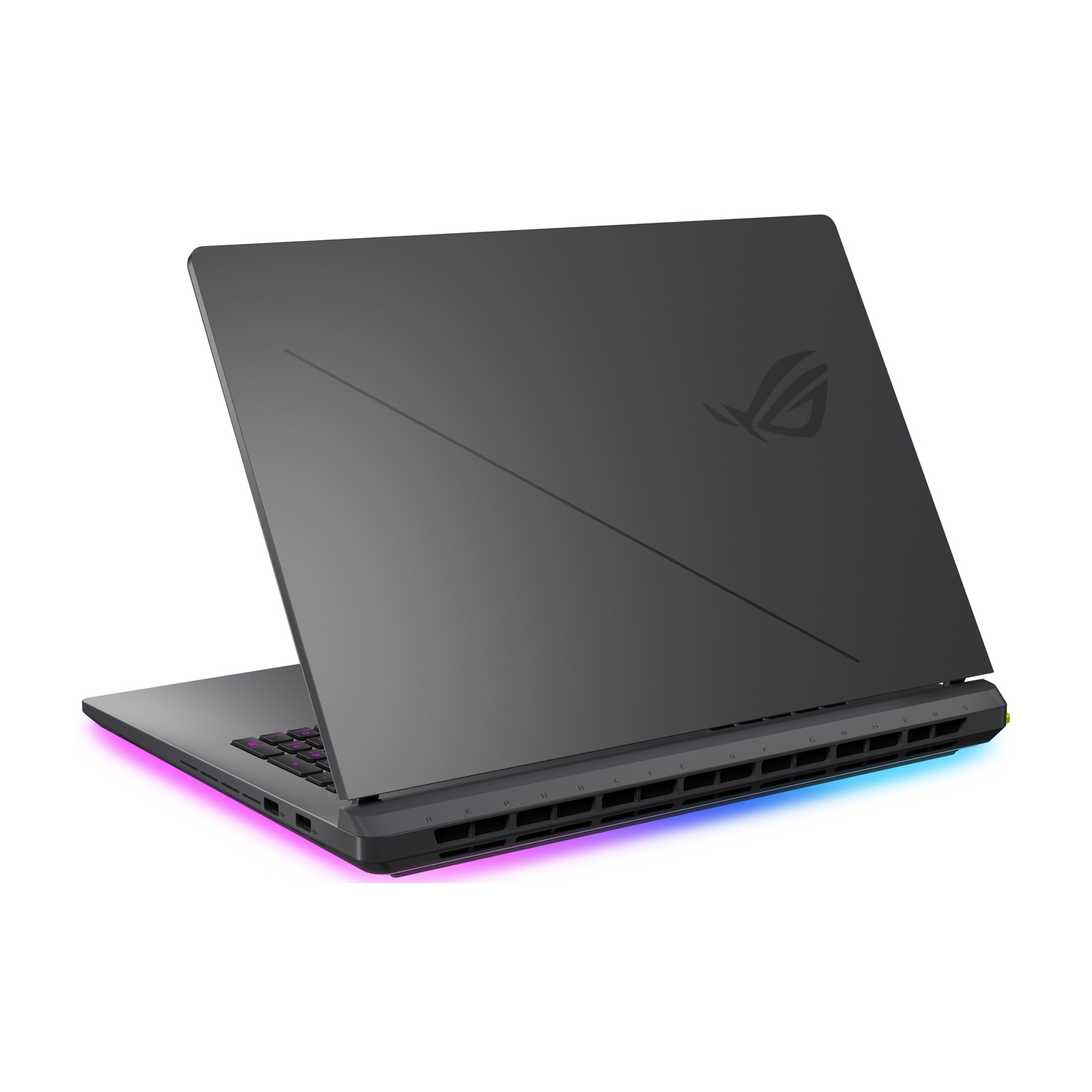 Vista posteriore di un laptop grigio scuro con il logo ROG, leggermente aperto, che mostra luci colorate lungo la base.
