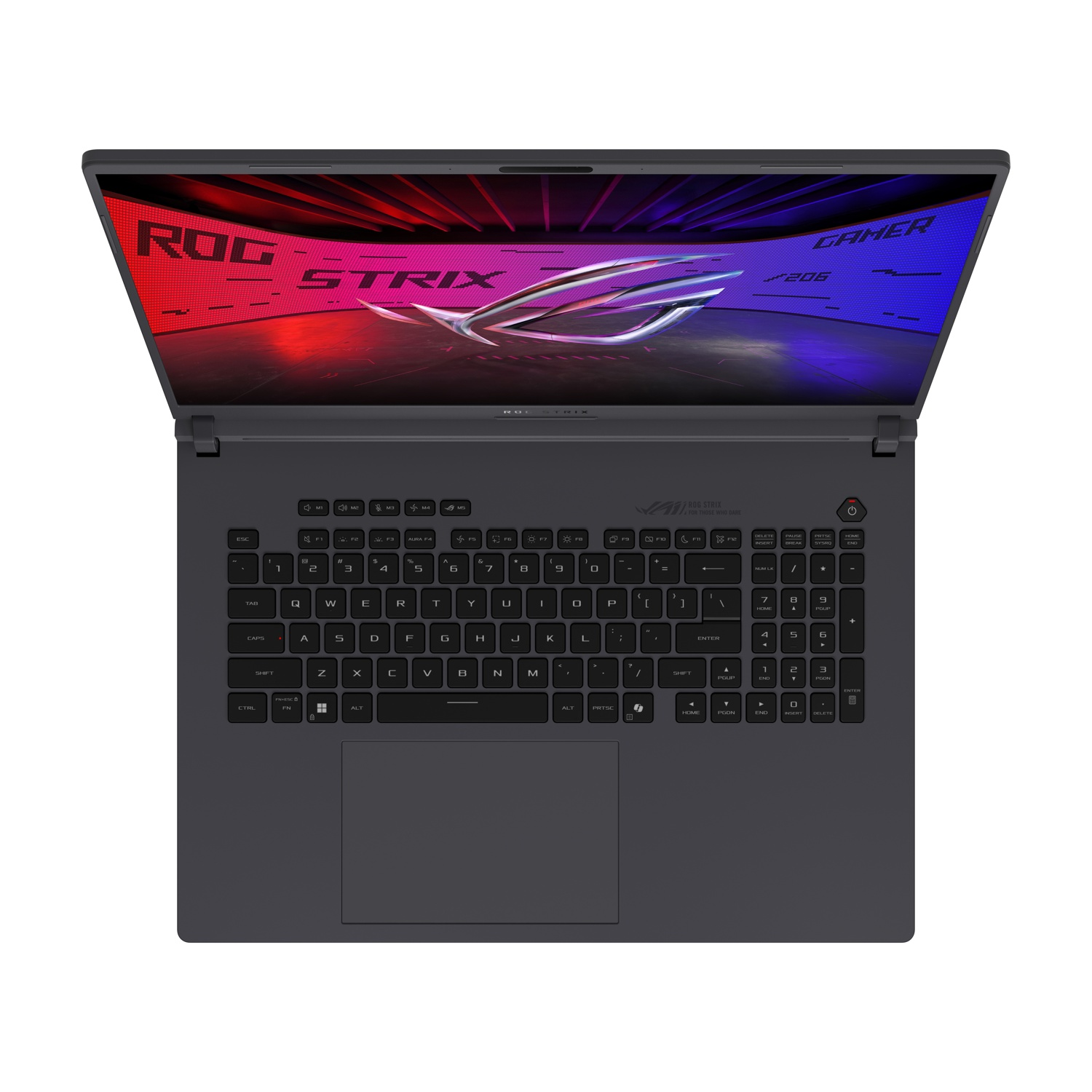 Vista dall'alto di un laptop nero con schermo aperto. Tastiera visibile, luci RGB. Sfondo bianco.