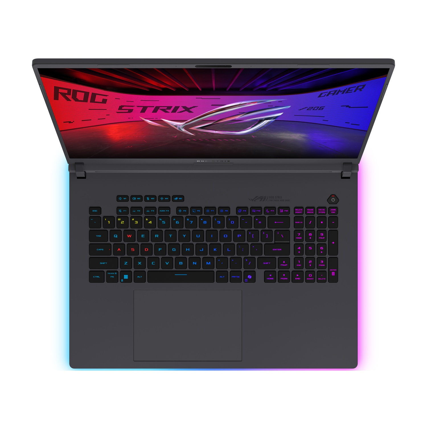 Laptop nero aperto, ROG Strix, tastiera colorata, con grafica sullo schermo. Vista dall'alto, sfondo bianco.