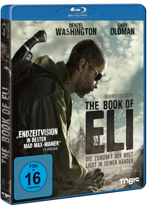 Blu-ray-Cover von 'The Book of Eli', mit Denzel Washington. Deutscher Text, apokalyptische Kulisse.