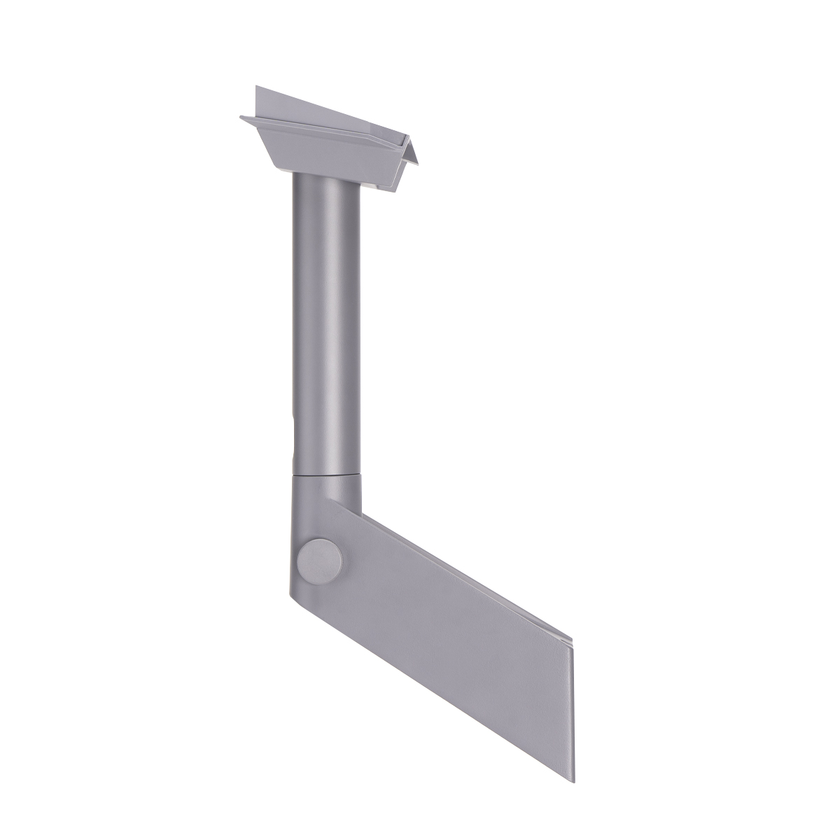 Graues Metall-Dachrinnenteil, abgewinkelt, auf weißem Hintergrund. Es hat ein Rohr und ein flaches, abgewinkeltes Teil.