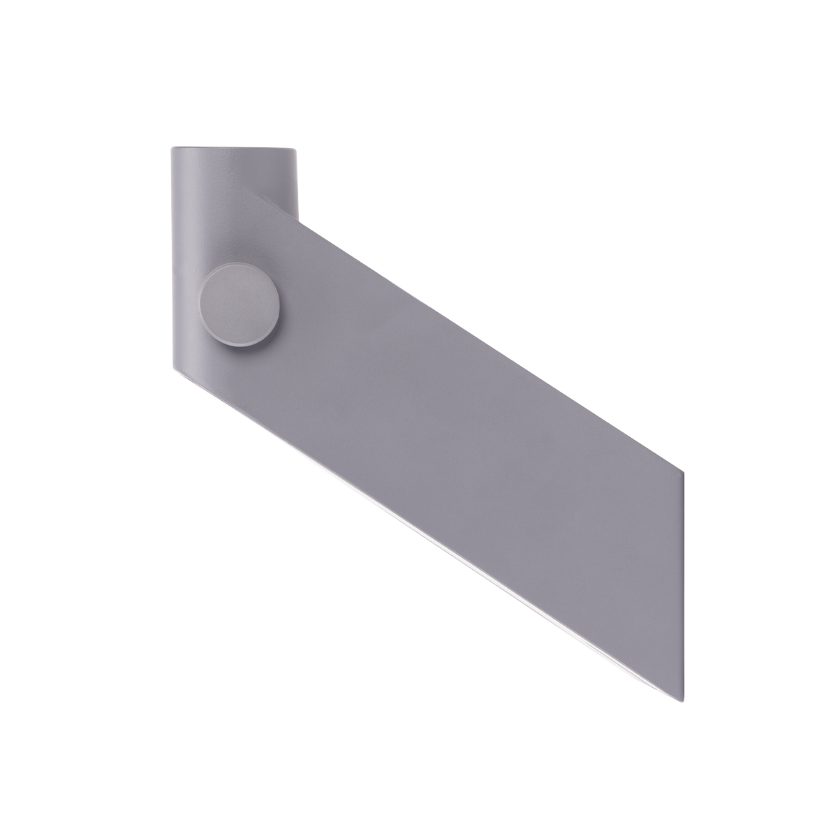 Graue Metallhalterung mit kreisförmigem Stift und abgewinkeltem Arm, isoliert auf Weiß.
