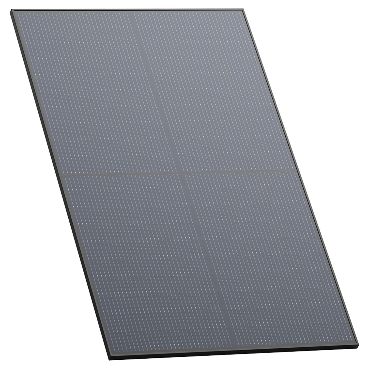 A single rectangular solar panel, dark gray, with a black frame, angled.