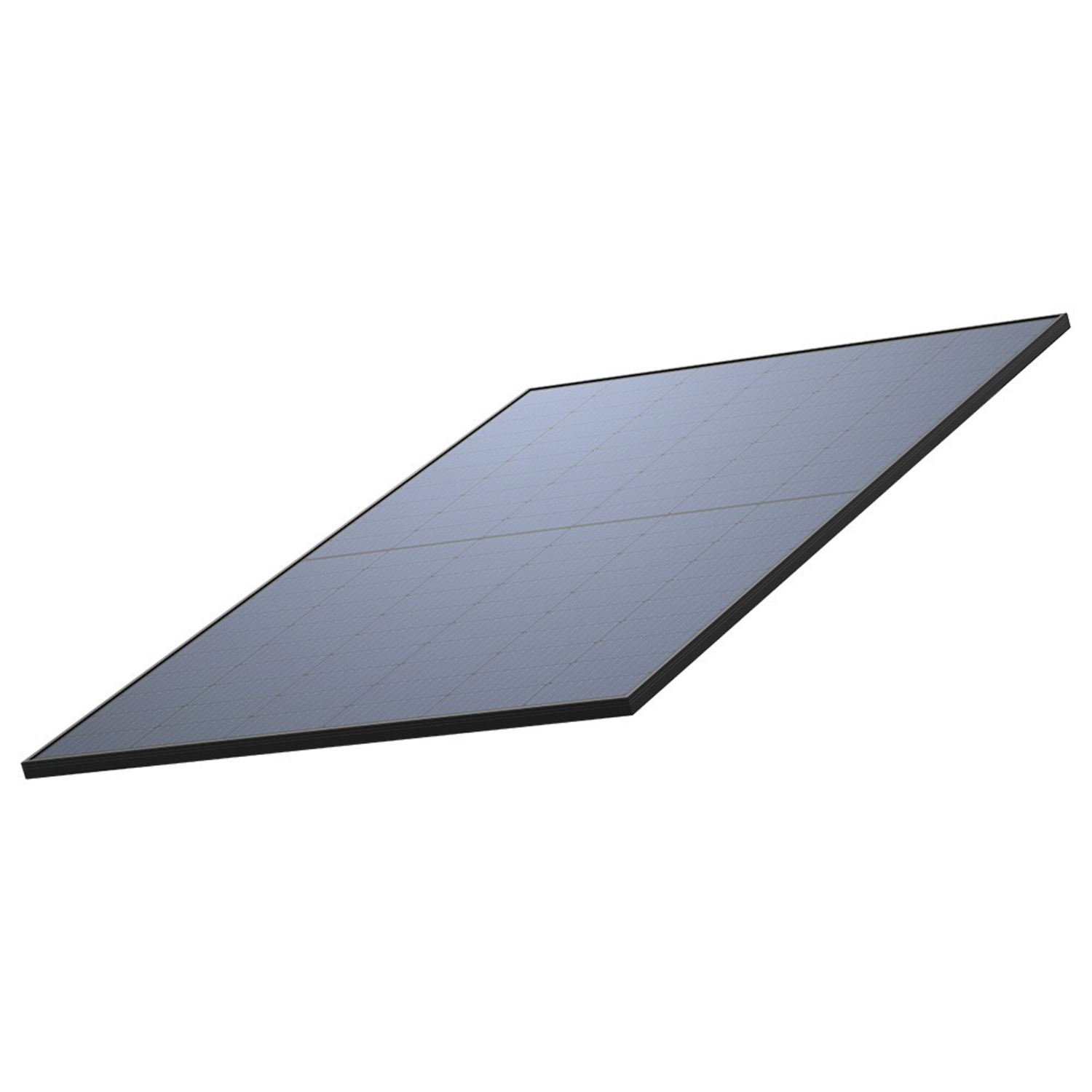 Angled solar panel with dark blue cells and a black frame, isolated on white background.