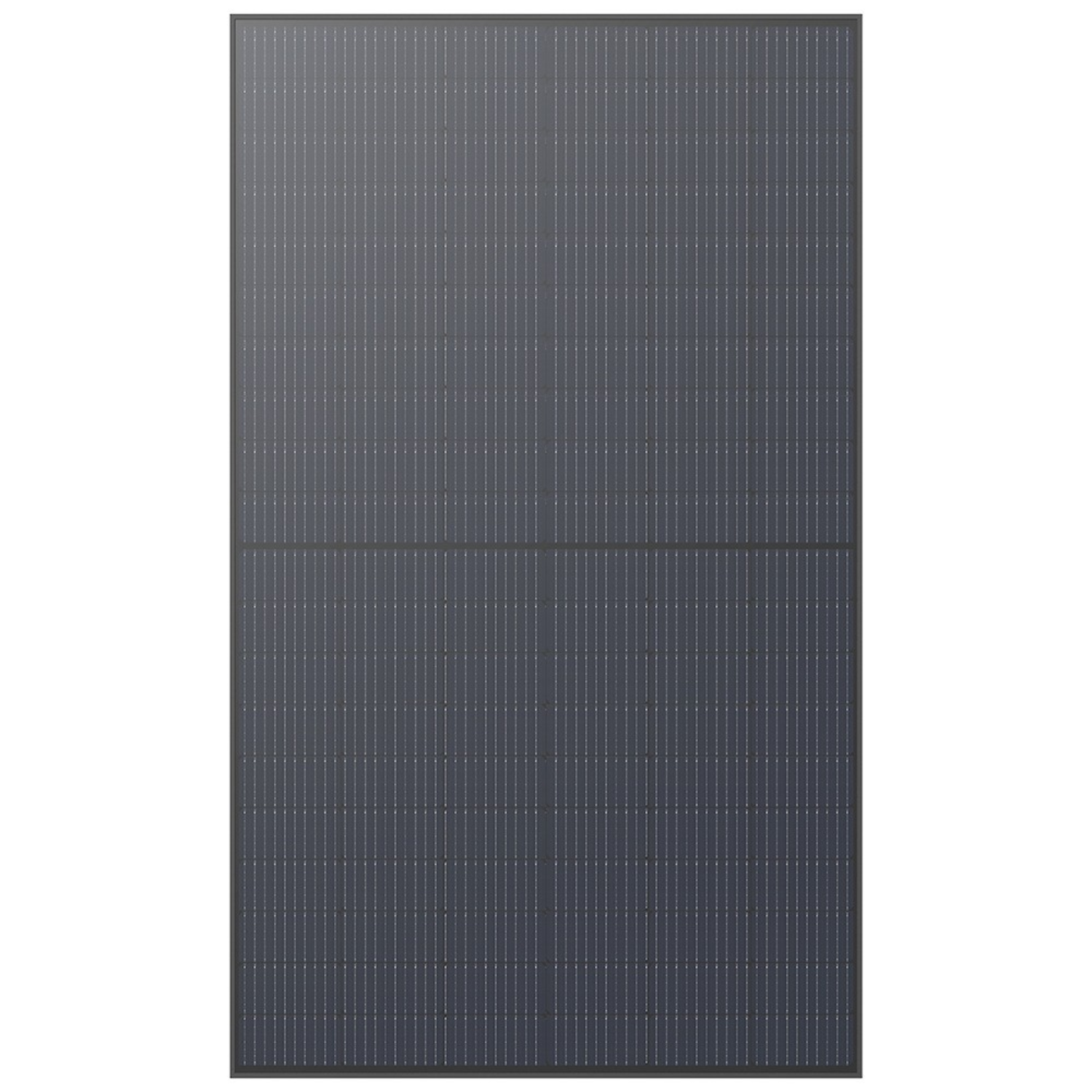 Rectangular solar panel with dark cells, black frame, isolated on white background.