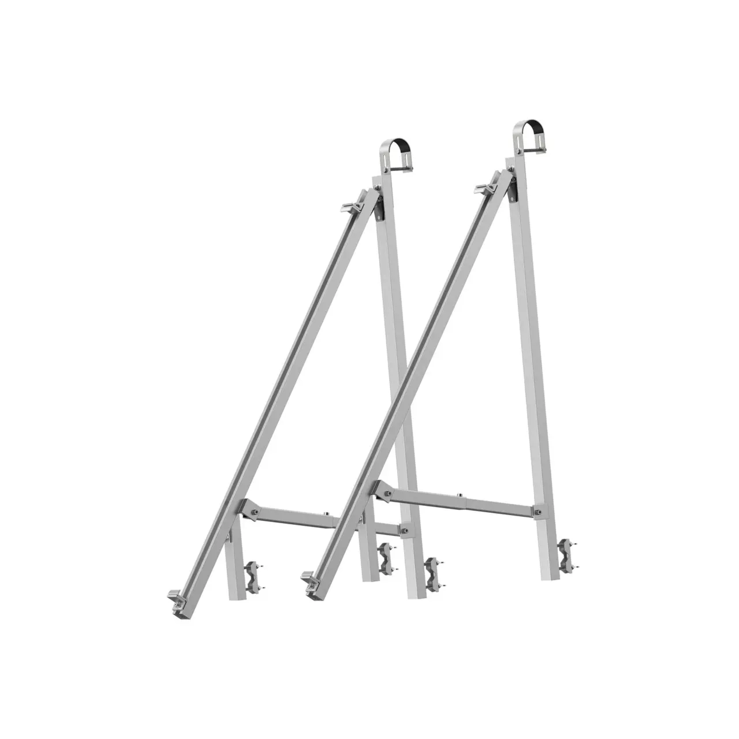 Twee zilveren metalen steigers, schuin met haken bovenaan, op witte achtergrond.