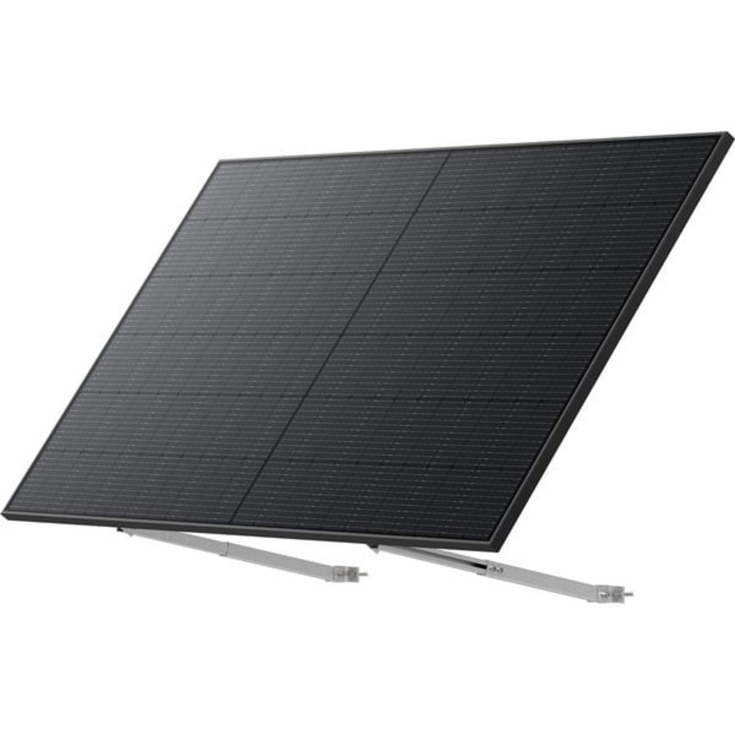 Grand panneau solaire noir monté sur supports métalliques, sur fond blanc.