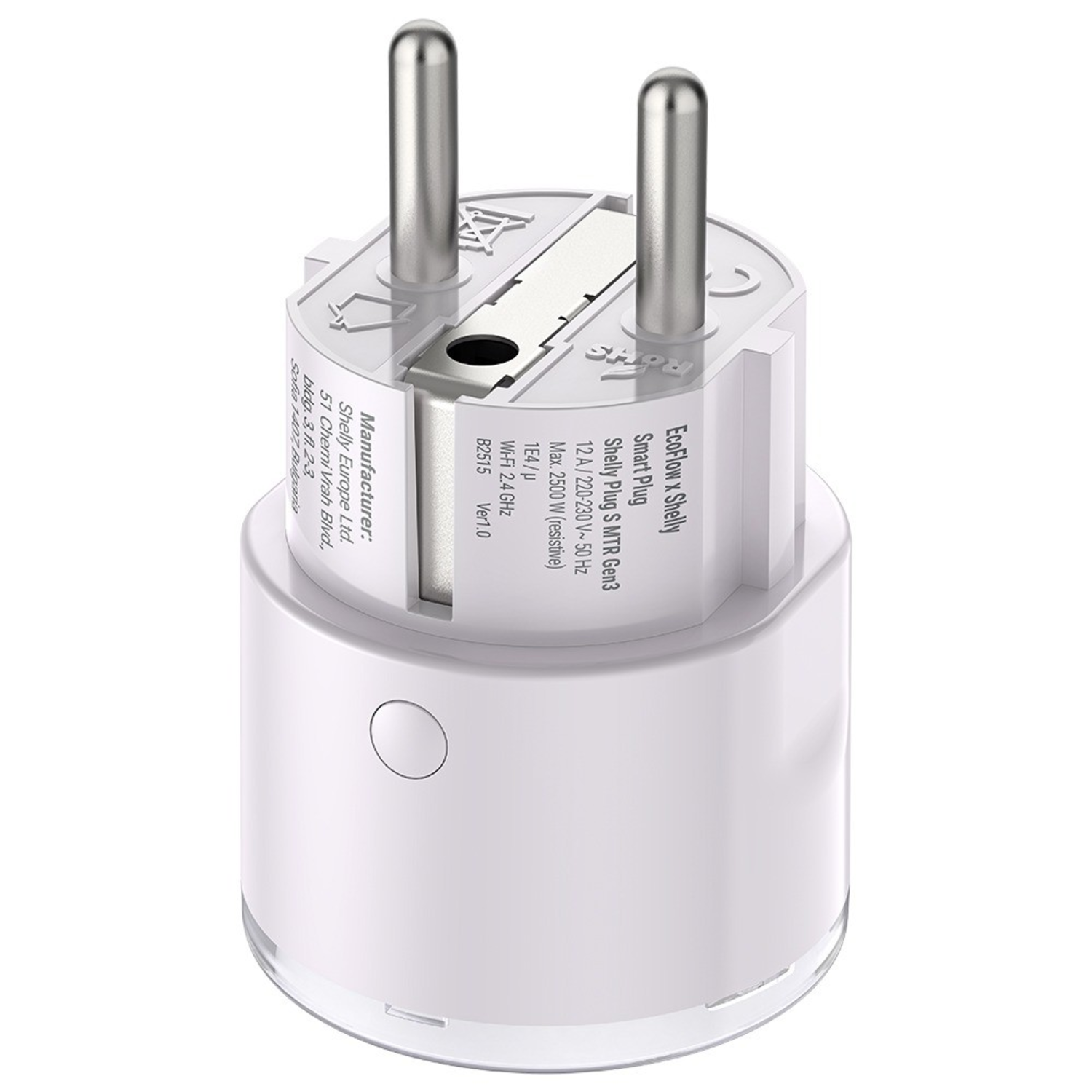 White smart plug with metal pins and a button, labeled 'Shelly'.  It has text describing its specs.