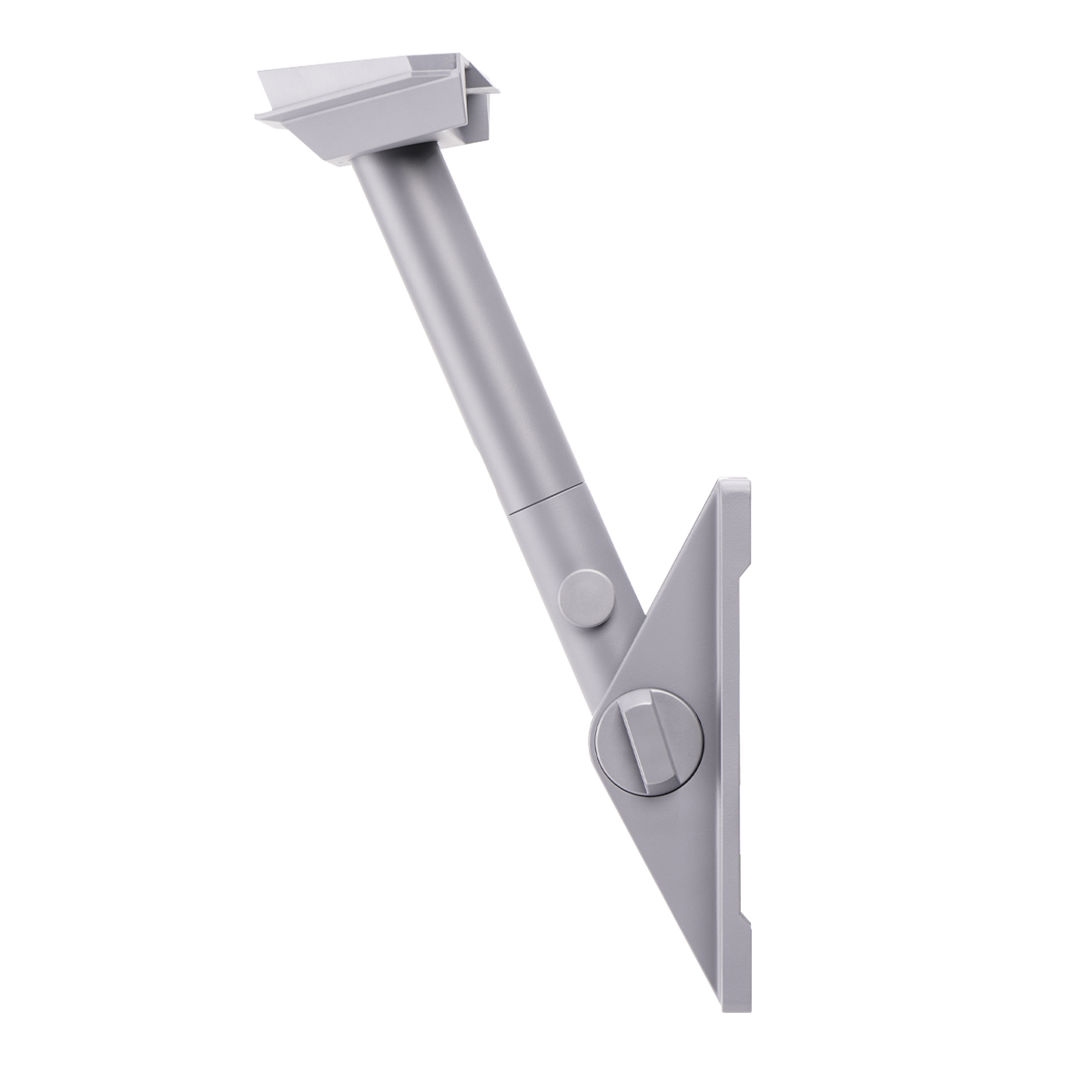 Graue Metall-Wandhalterung mit langem Arm, an einer Halterung und einem Sockel befestigt, vor weißem Hintergrund.