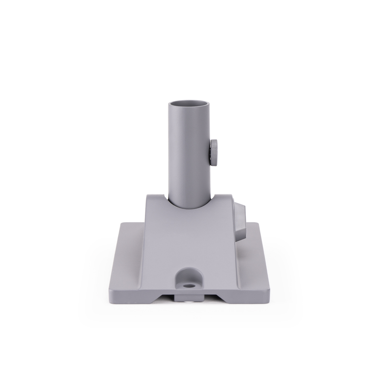 Grauer Metallständer mit zylindrischer Oberseite und rechteckiger Basis, ein Knopf an der Seite.
