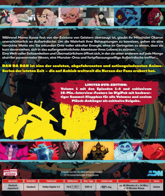 DVD-Cover, Dan Da Dan Anime. Charaktere, Text und Bilder eines Monsters. Der Hintergrund ist ein dunkler Blau-, Türkis- und Grauton.