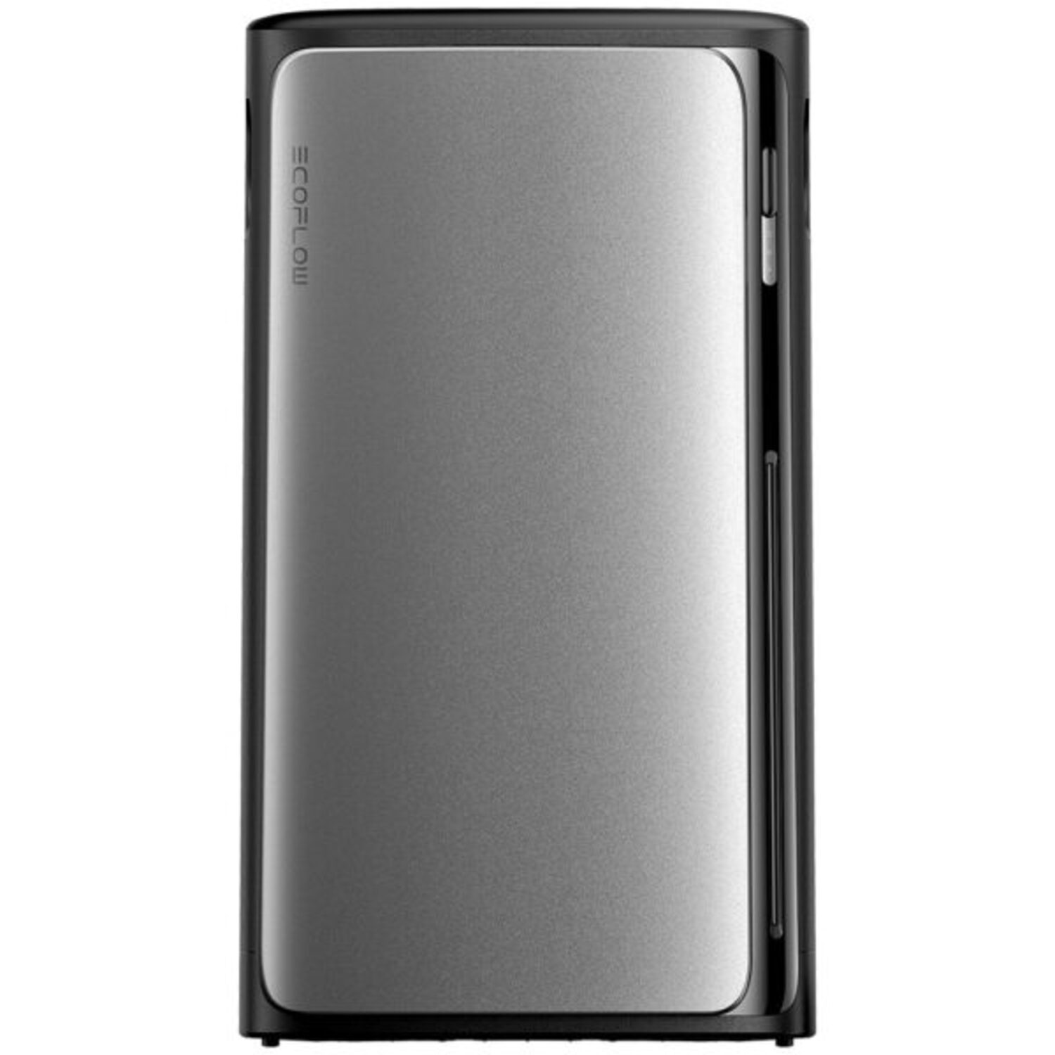 Batterie externe argentée et noire. Logo ECOFLOW en haut. Forme rectangulaire avec un cadre noir.