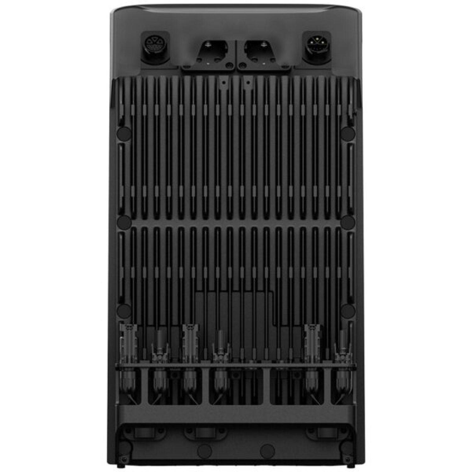 Appareil électronique noir avec des lignes verticales et divers connecteurs. Forme rectangulaire avec plusieurs ports.