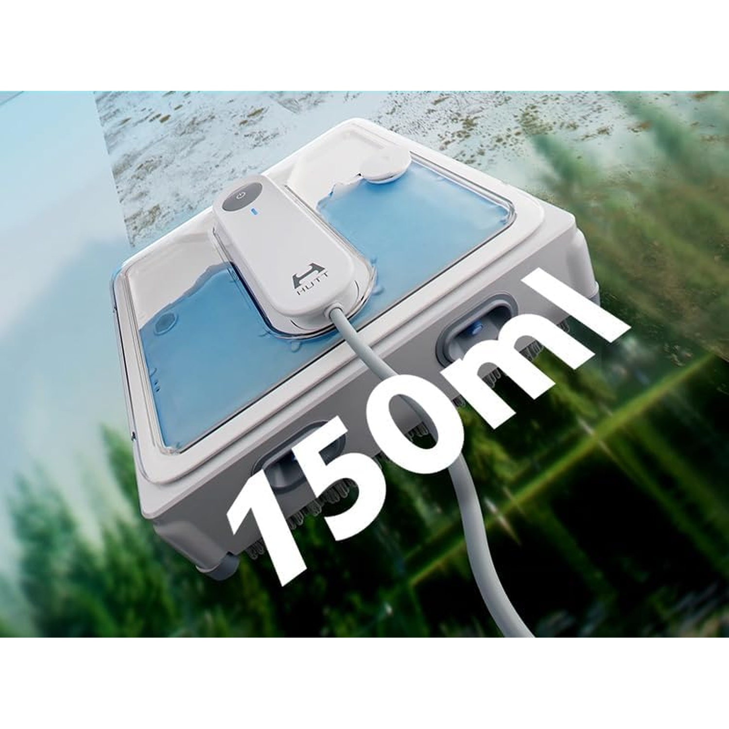 Un dispositivo di pulizia bianco e grigio con liquido blu. Testo: 150ml. Sfondo: foglie verdi sfocate e cielo.