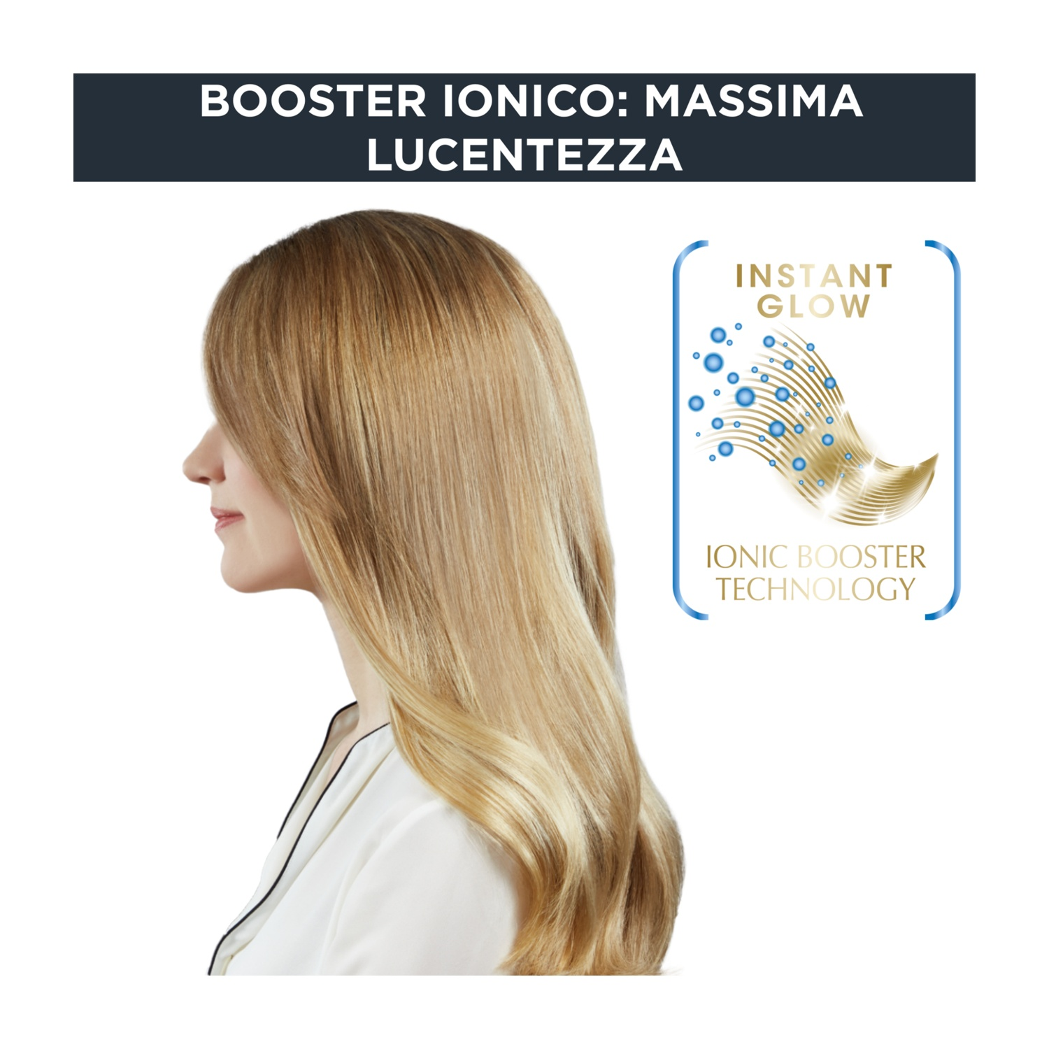 Profilo di una donna con lunghi capelli biondi. Accanto a lei, un'immagine con 'IONIC BOOSTER TECHNOLOGY' e Instant Glow.