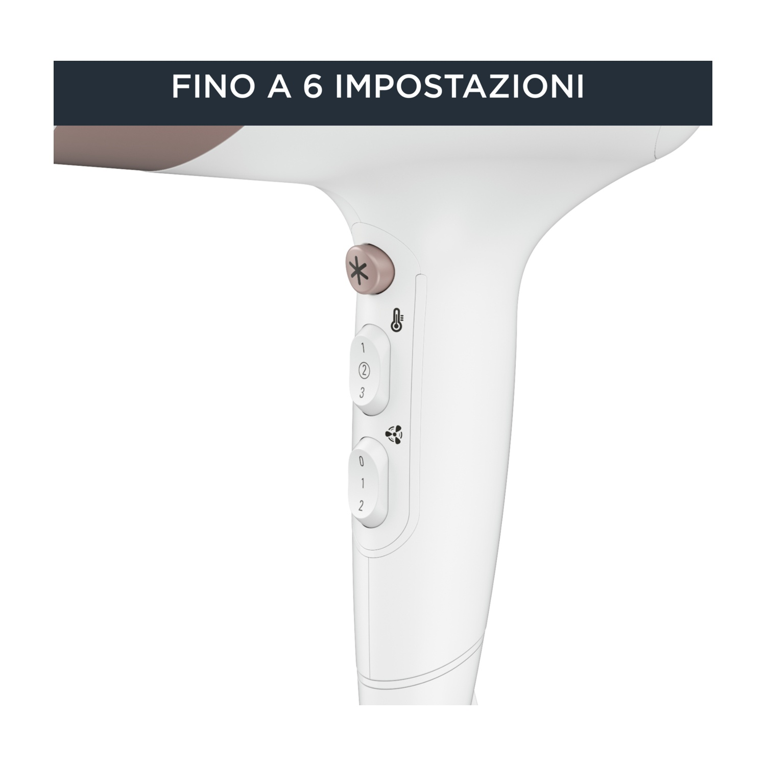 Primo piano di un'impugnatura di asciugacapelli bianca e marrone, che mostra i pulsanti di controllo con impostazioni numerate.