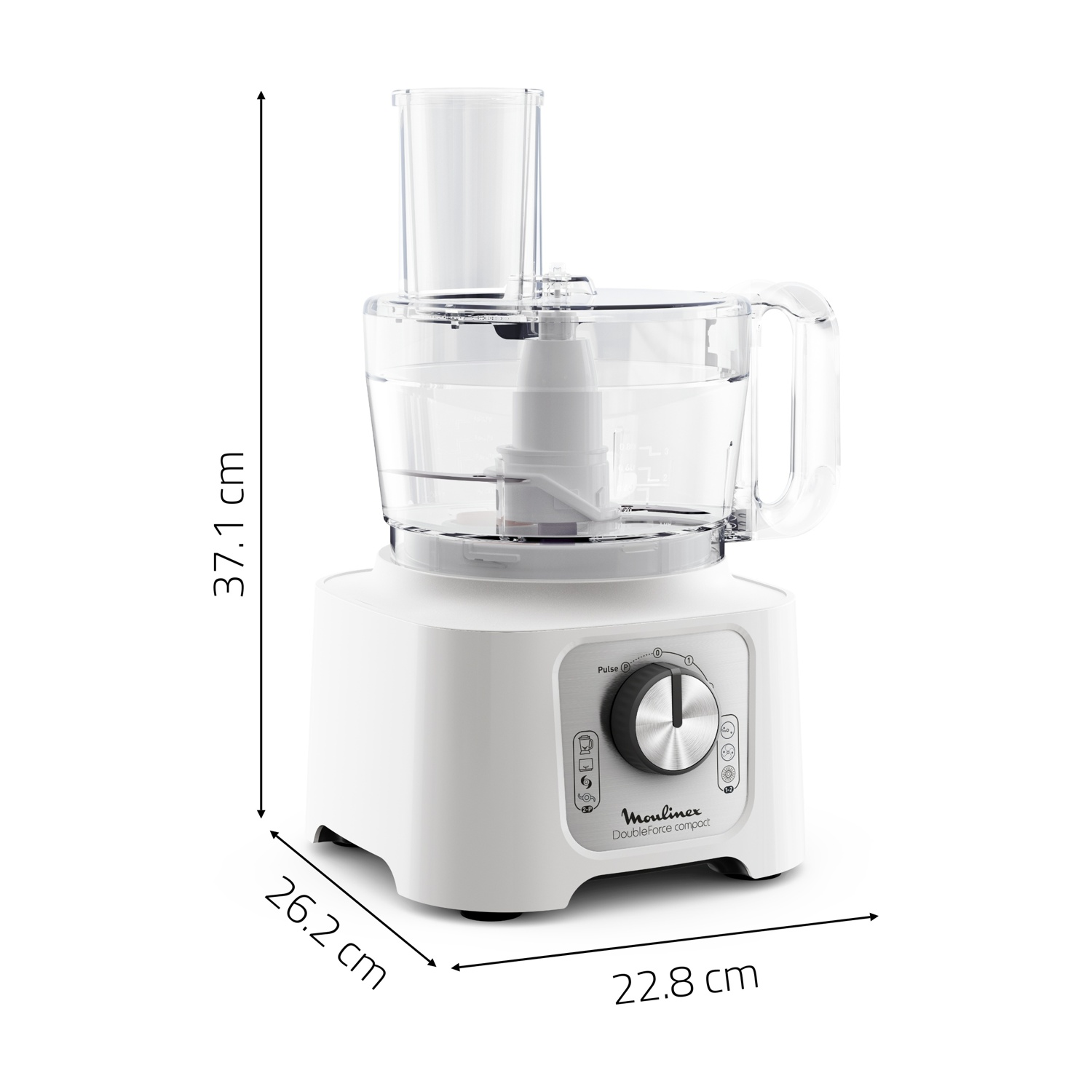 Robot da cucina Moulinex bianco con dimensioni etichettate. Ha un contenitore trasparente in alto.