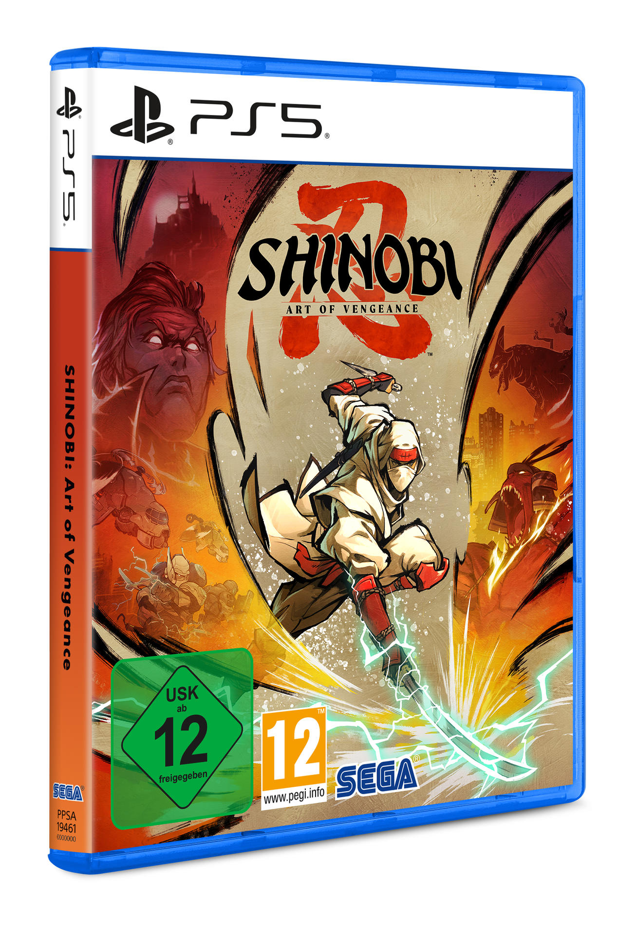 PS5-Spielverpackung für Shinobi: Art of Vengeance. Ninja mit Schwert. Roter und orangefarbener Hintergrund.