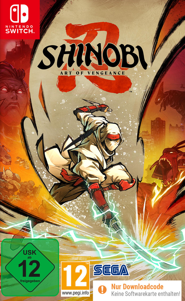 Nintendo Switch Spielverpackung für Shinobi. Ninja mit Schwert. Roter und orangefarbener Hintergrund.