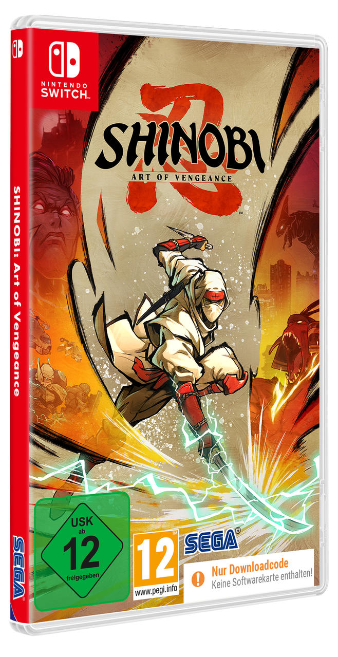 Shinobi: Art of Vengeance Spielcover. Ninja mit Schwert, feuriger Hintergrund, Nintendo Switch Logo, 12+