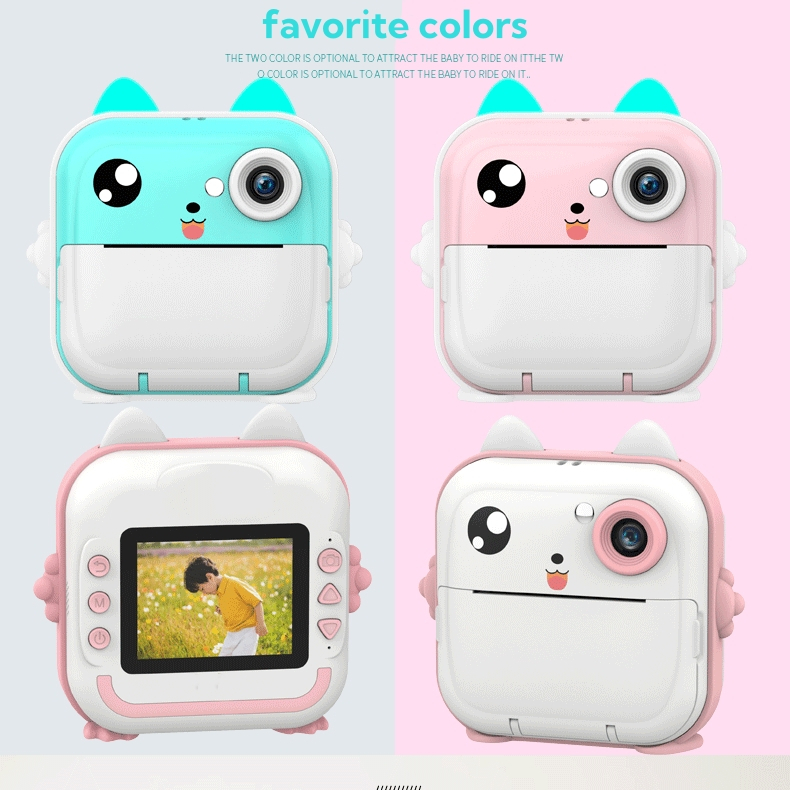 Wyświetlane są cztery kolorowe aparaty z kocią twarzą. Każdy ma inny schemat kolorów, z błękitem, różem i bielą.