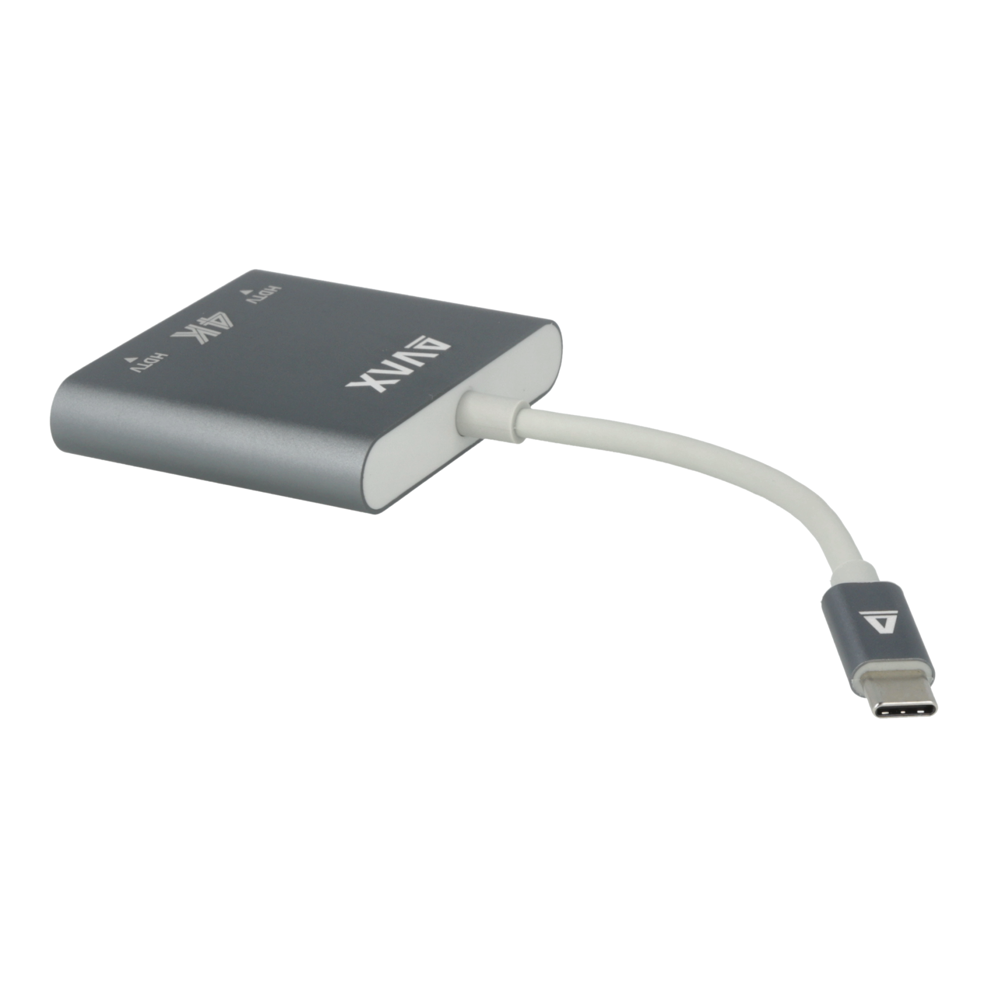 Szürke Avax HDMI adapter fehér kábellel és USB-C csatlakozóval. 'AVAX' és '4K HDTV' feliratok.