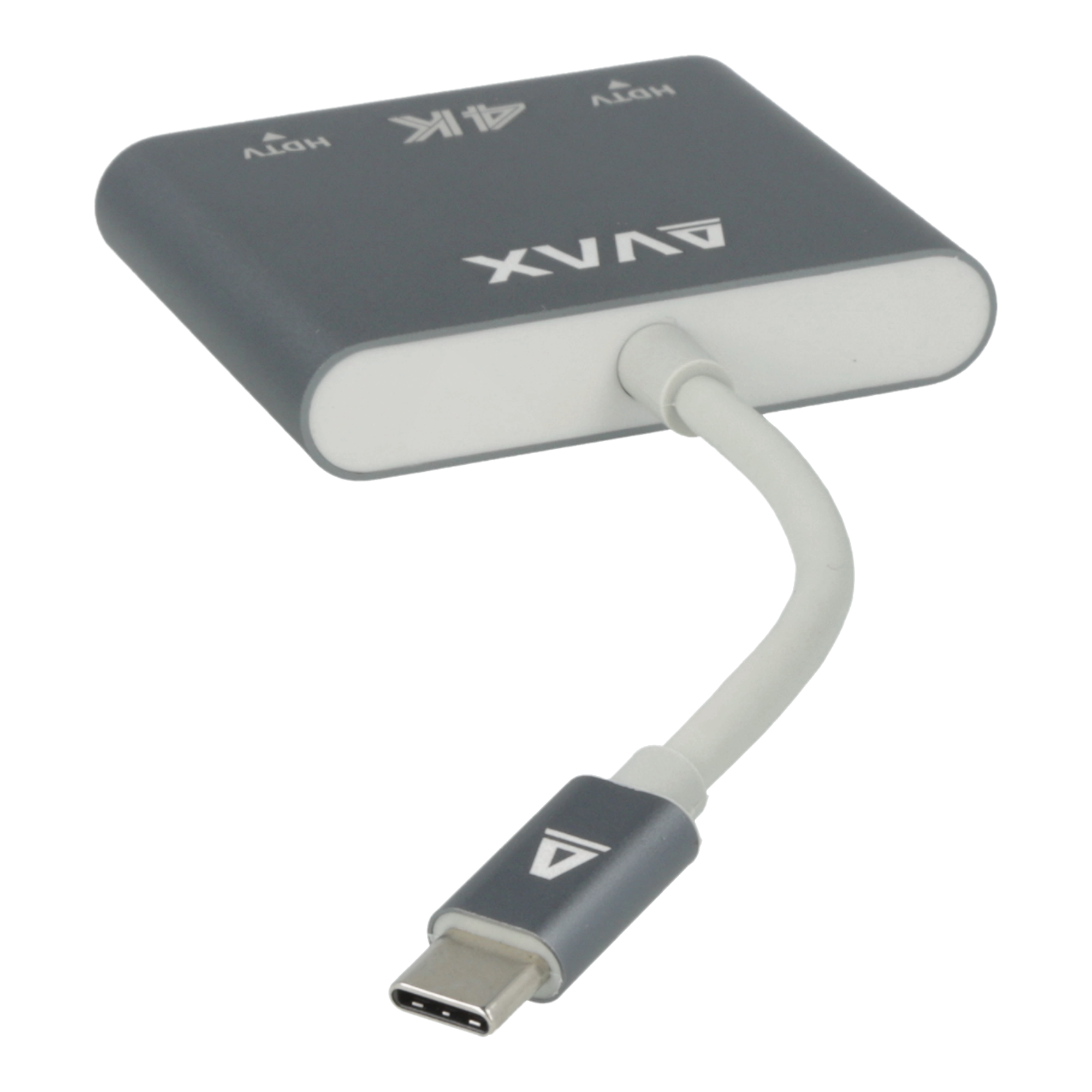 Szürke Avax HDMI adapter fehér kábellel és USB-C csatlakozóval. 'AVAX' és '4K HDTV' feliratok.