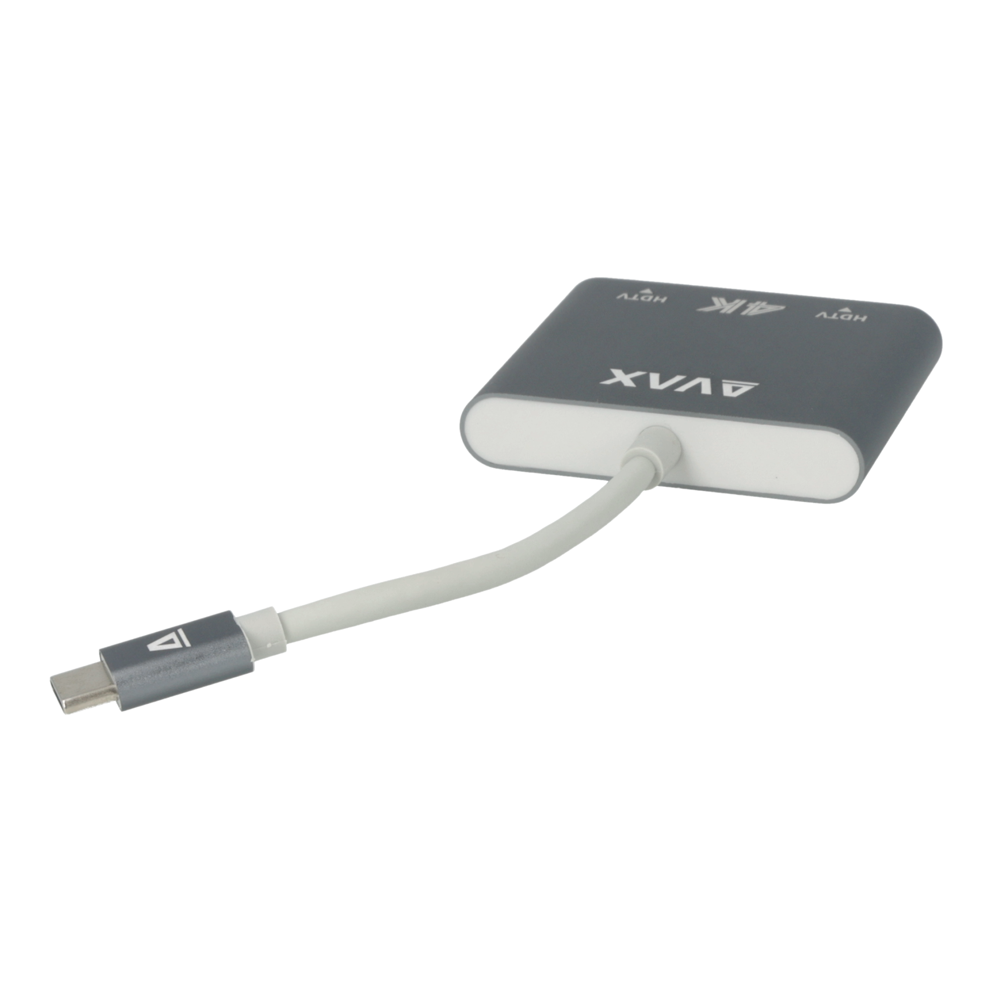 Szürke AVAV adapter fehér kábellel és USB-C csatlakozóval fekete háttéren.