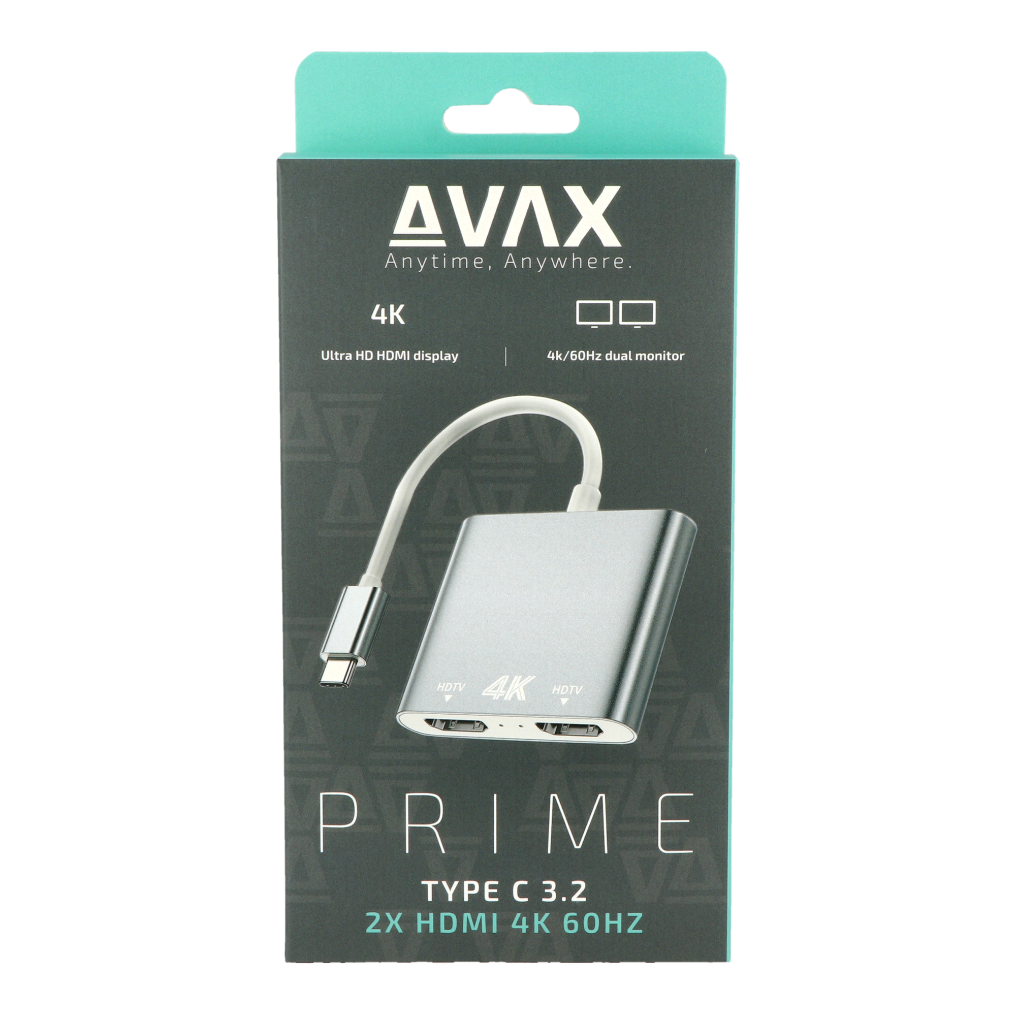 AVAX adapter doboz. Az adaptert, annak funkcióit és specifikációit mutatja. Fekete háttérrel.