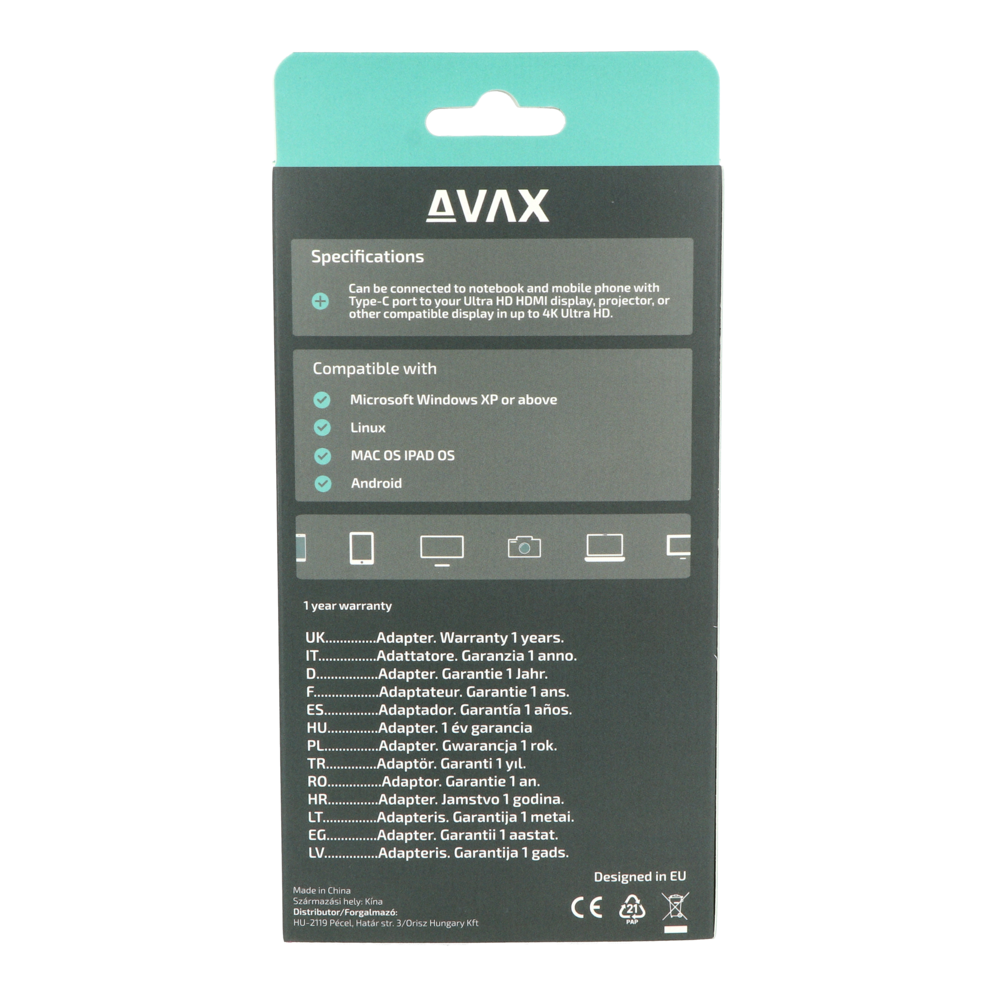 Az AVAX adapter doboz oldala. A specifikációk és a kompatibilitás türkiz háttéren.