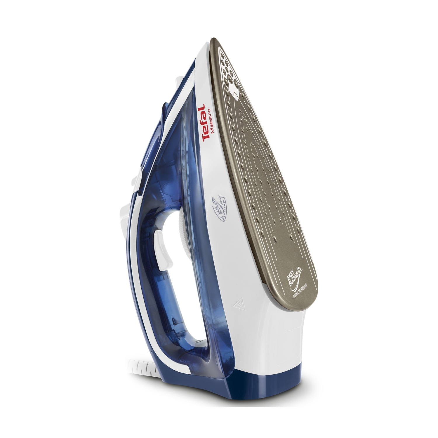 Un ferro da stiro bianco e blu con il marchio Tefal, il ferro si trova su uno sfondo bianco.