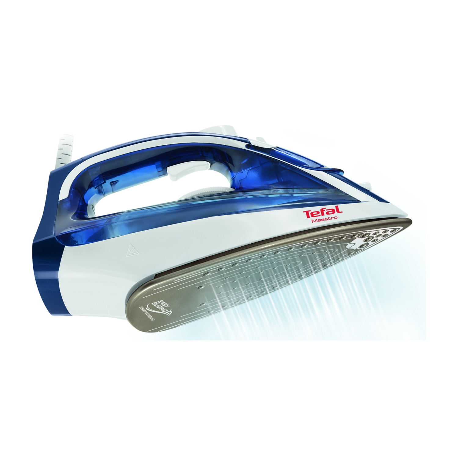 Un ferro da stiro bianco e blu con vapore che esce. Il marchio è Tefal, il nome del modello è Maestro.