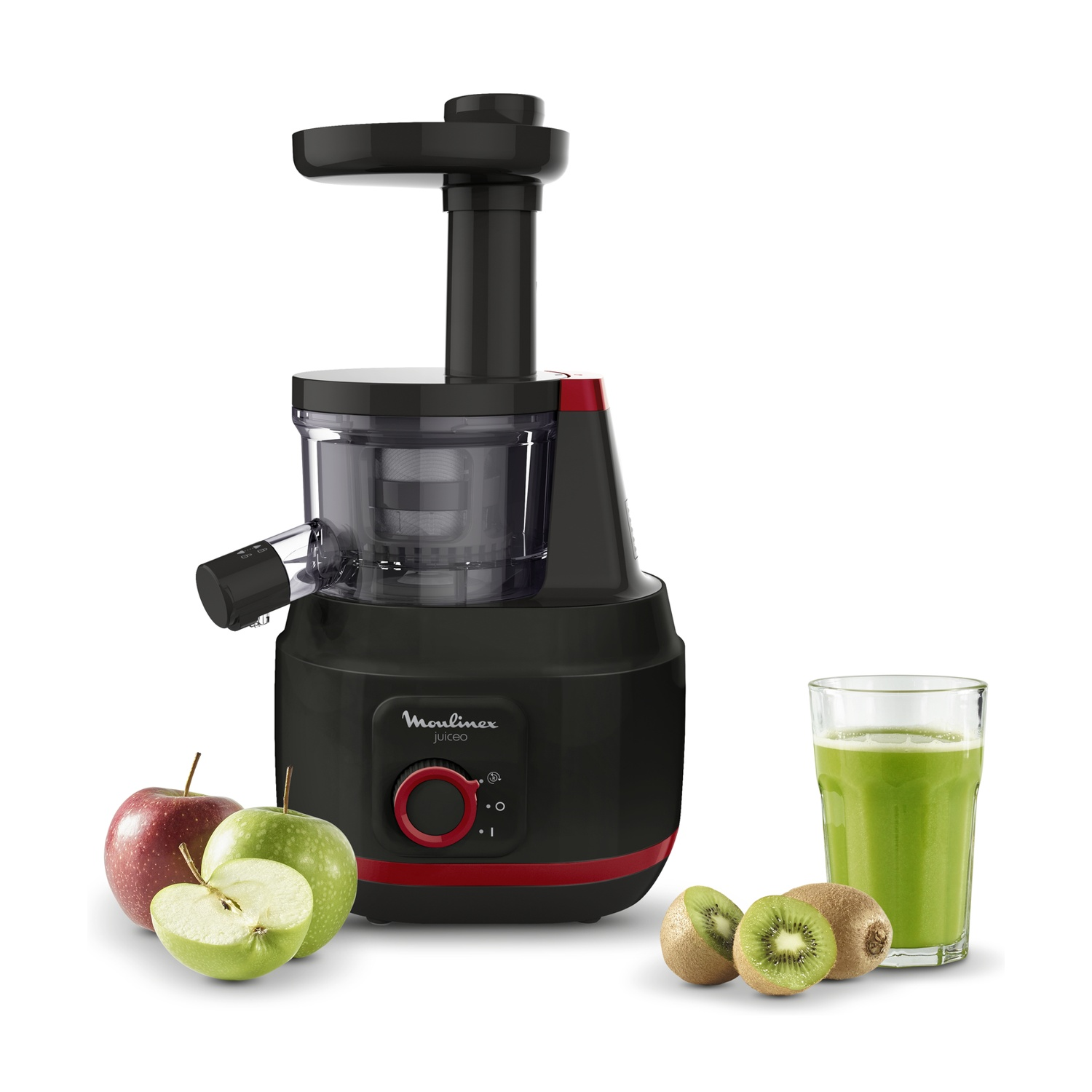 Un estrattore di succo Moulinex nero e rosso con frutta e un bicchiere di succo su sfondo bianco.