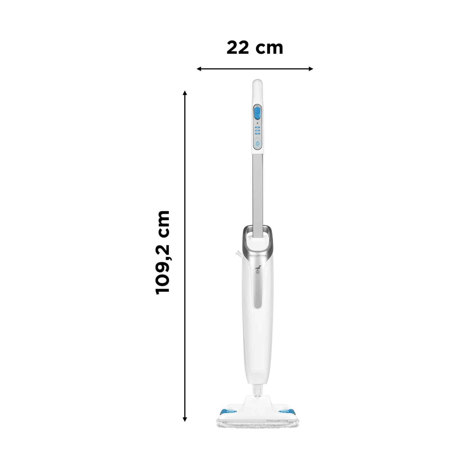 Una scopa a vapore bianca con dimensioni: 109,2 cm di altezza e 22 cm di larghezza, su sfondo bianco.