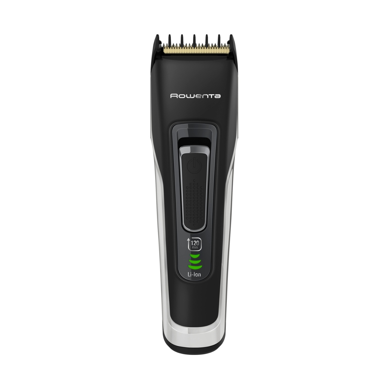 Tosatrice Rowenta nera e argento su sfondo bianco. Ha un pulsante di accensione e un indicatore di batteria.