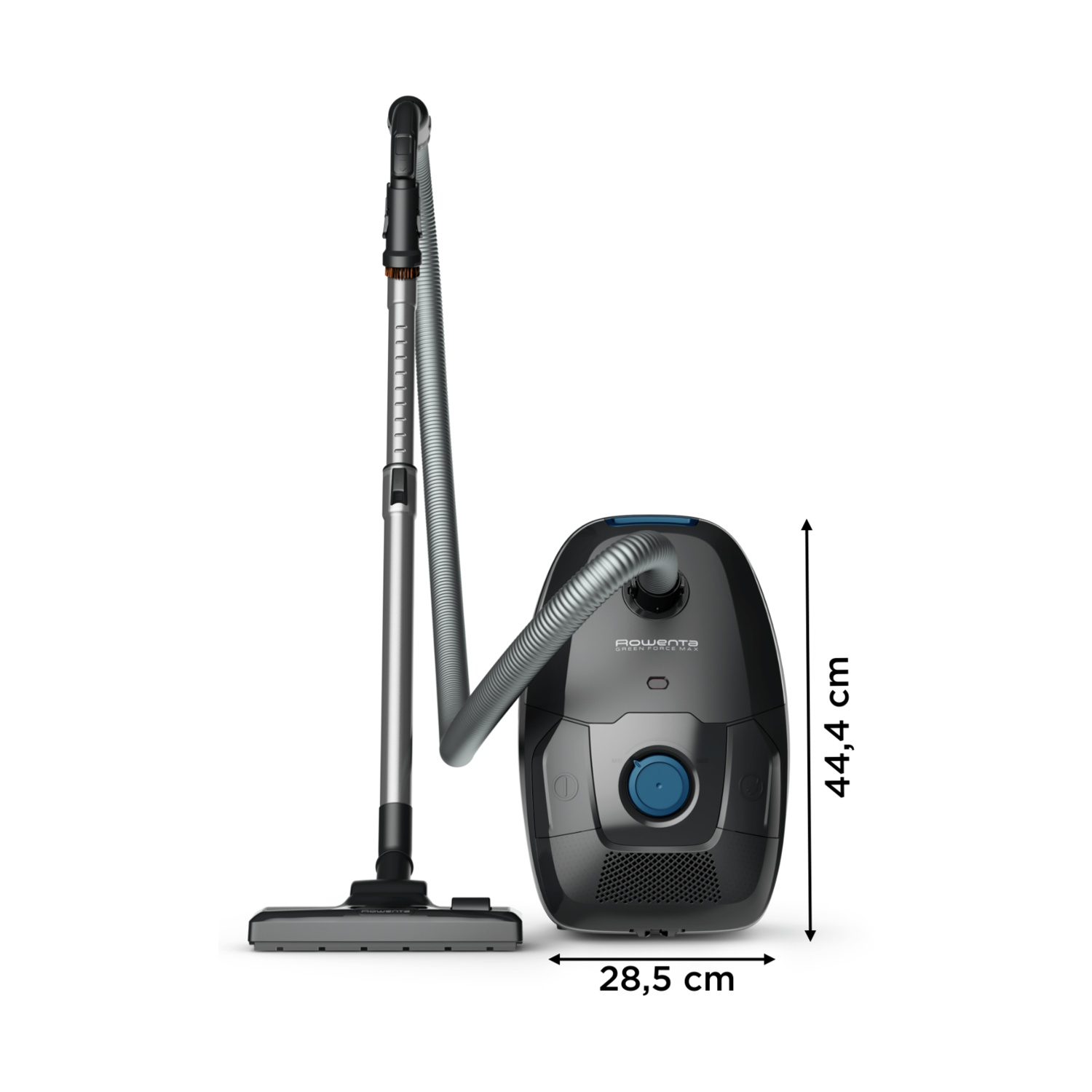Aspirapolvere nero, tubo argentato e spazzola su sfondo bianco. Dimensioni: 44,4 cm di altezza, 28,5 cm di larghezza.