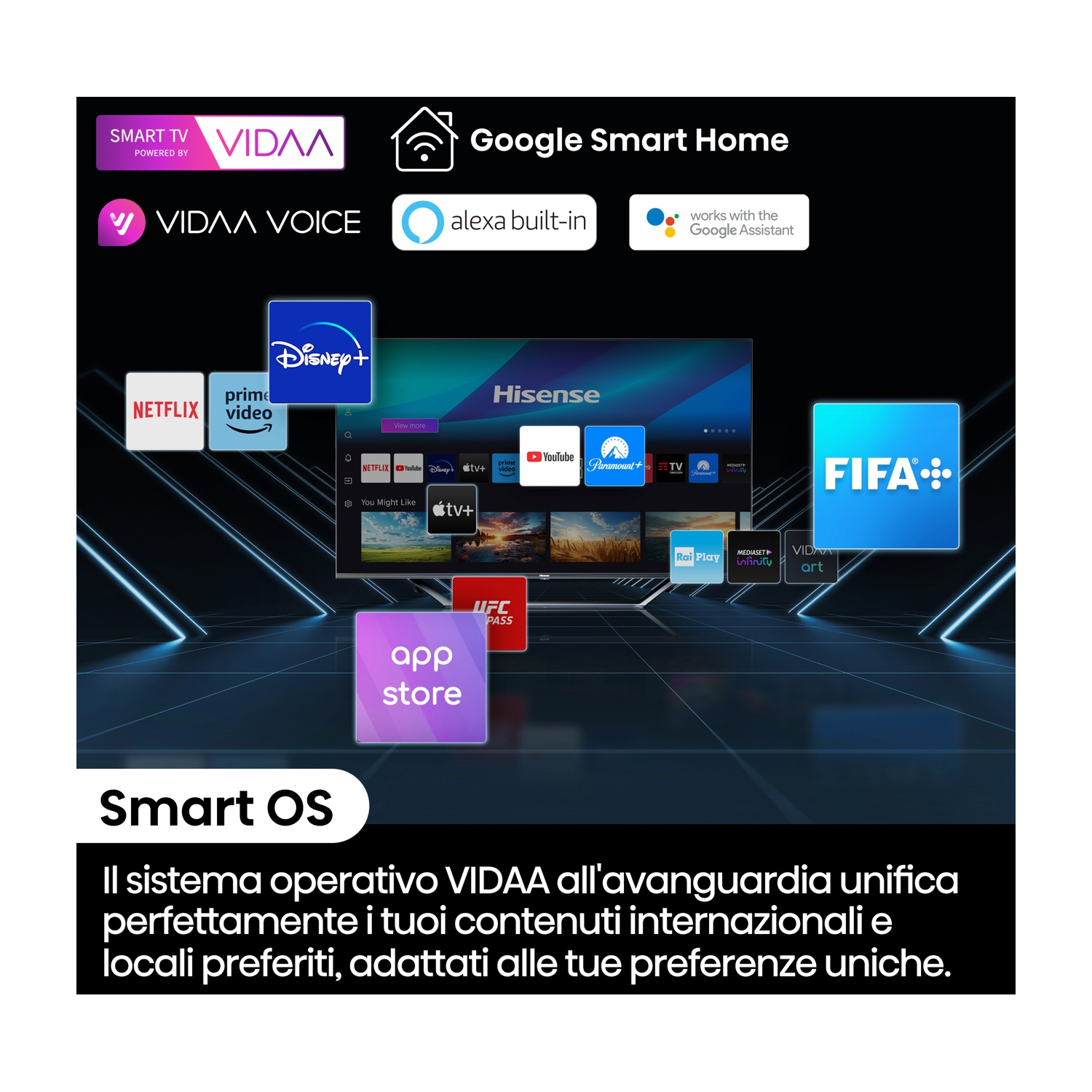 Schermo TV con app come Netflix e Disney+, logo Google Smart Home e Vidaa Voice su sfondo nero.