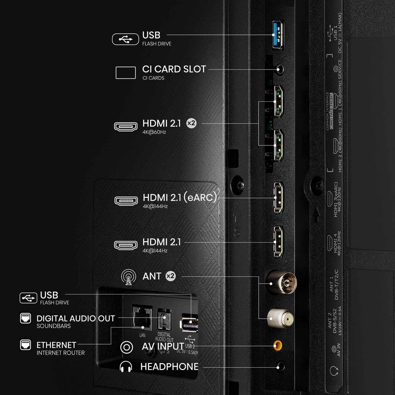 Primo piano delle porte TV: HDMI, USB, Ethernet e ingressi/uscite audio, con etichette su sfondo grigio.