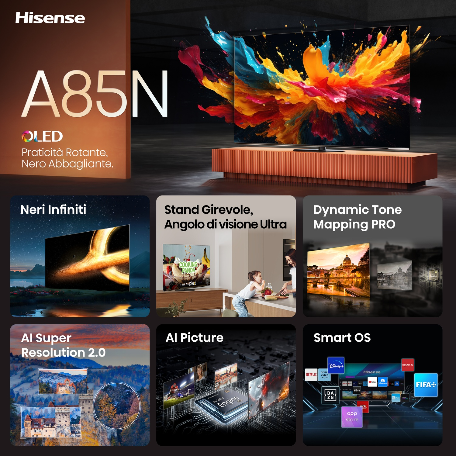 TV Hisense A85N OLED. Promozione del prodotto con più immagini che mostrano caratteristiche e design.