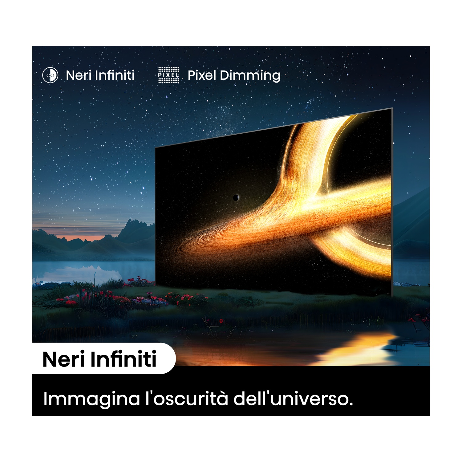 Schermo TV che mostra un'immagine della galassia. Testo: Neri infiniti. TV con sfondo scuro e riflesso.