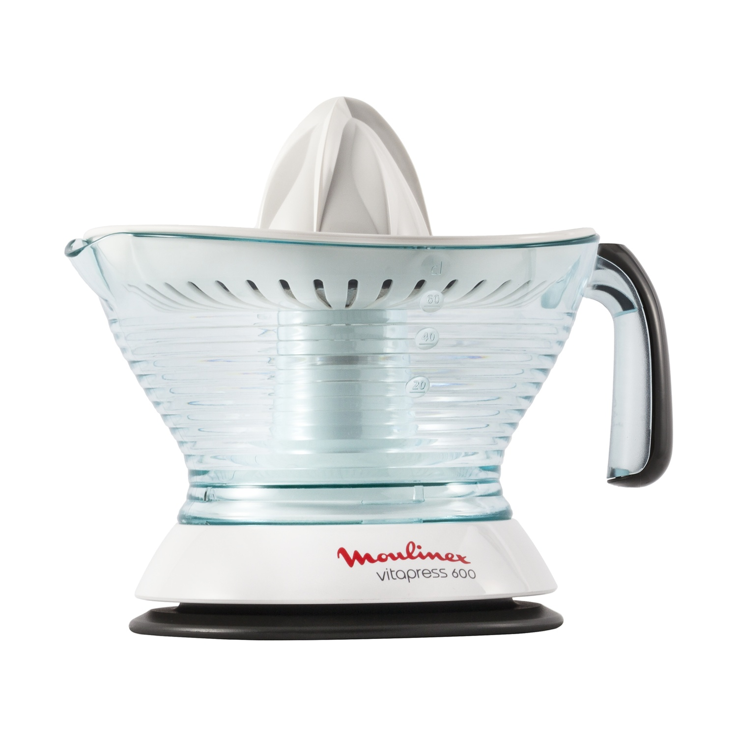 Uno spremiagrumi Moulinex Vitapress 600 bianco e blu. Ha una maniglia e una parte superiore conica, con corpo trasparente a coste.