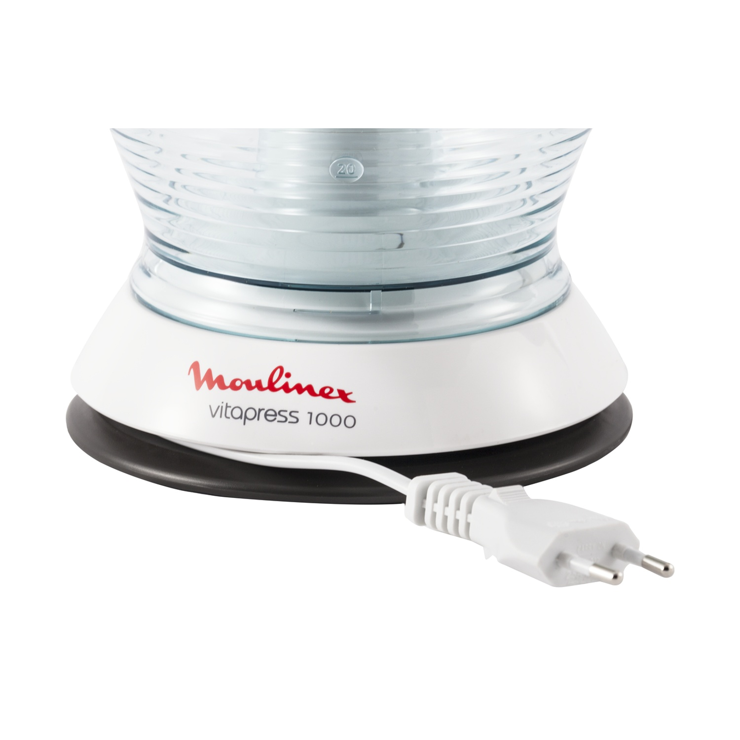 Primo piano della base di uno spremiagrumi Moulinex Vitapress 1000. È bianco con base nera e cavo di alimentazione con spina.