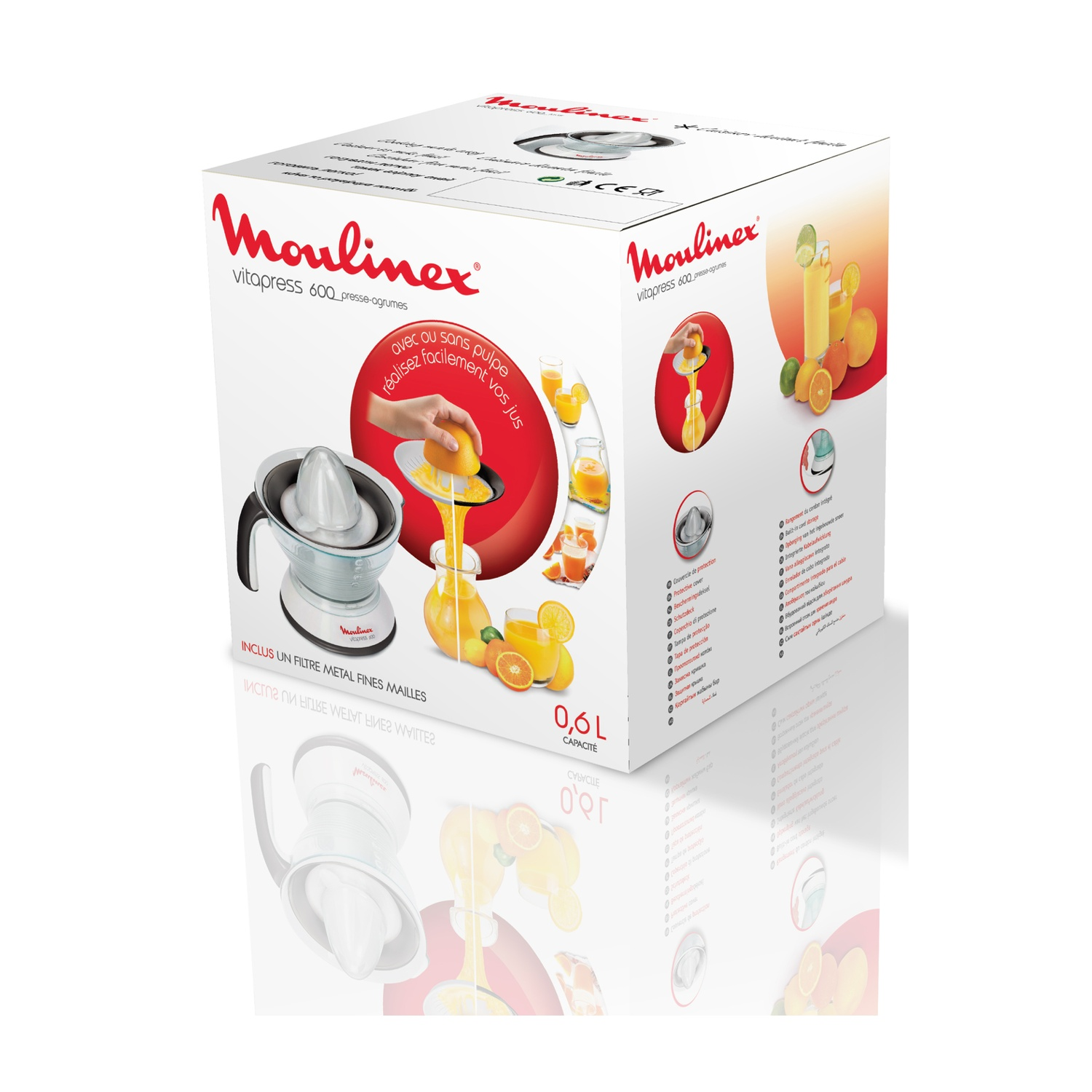 Scatola spremiagrumi Moulinex con immagini di spremiagrumi e frutta. Testo in più lingue. Sfondo bianco.