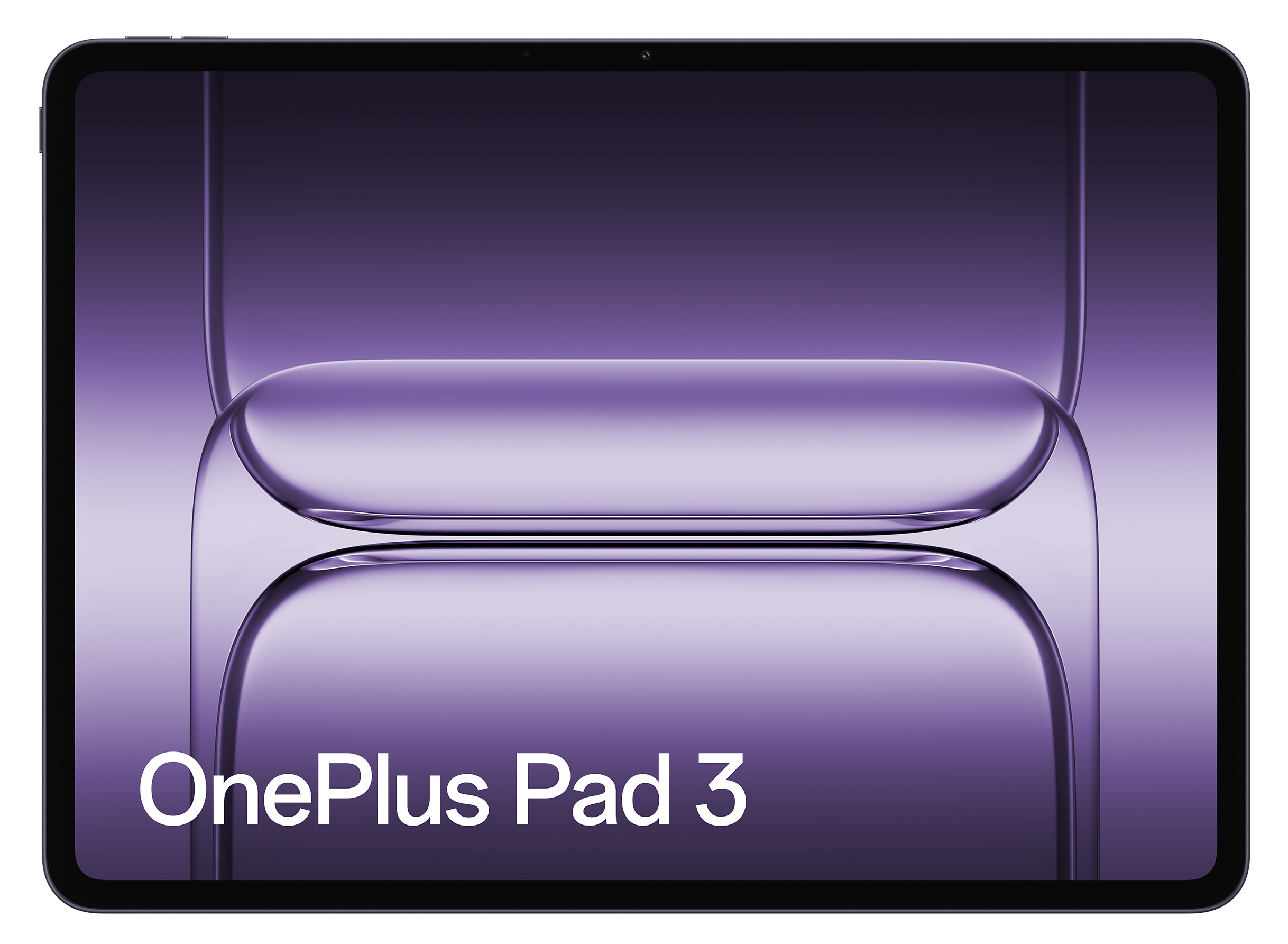 Tablet OnePlus Pad 3, widok z przodu. Czarna ramka, fioletowy abstrakcyjny wzór na wyświetlaczu i czarne tło.